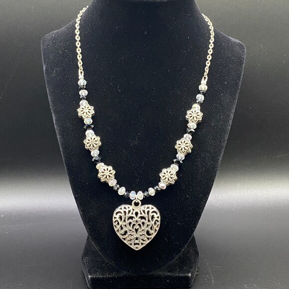 Metal Heart Necklace with Flower & Crystal Beads by Neanie-Bot - Picture 1 of 6
